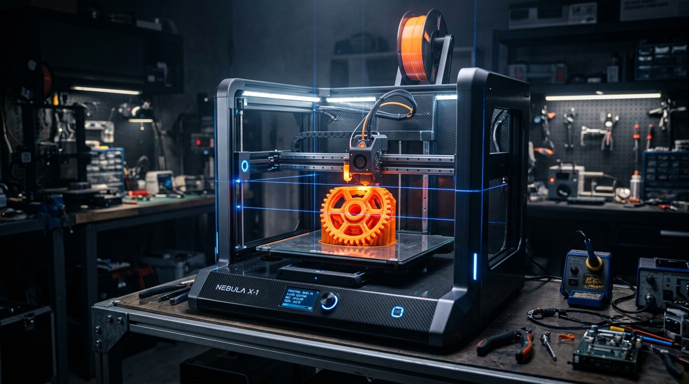 Impressora 3D de alta precisão Gabarito 3D trabalhando em peça laranja